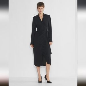 Aritzia Babaton Petra Matte satin wrap tie midi dress BLACK SZ Small S NWT